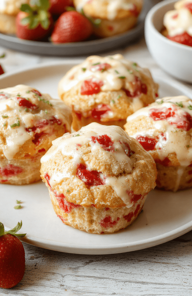 Rustic wooden baking sheet with 6 golden-brown, domed muffins topped with cream cheese swirl and fresh halved strawberries, dusted with powdered sugar, on a white marble countertop with soft natural light and light shadows.