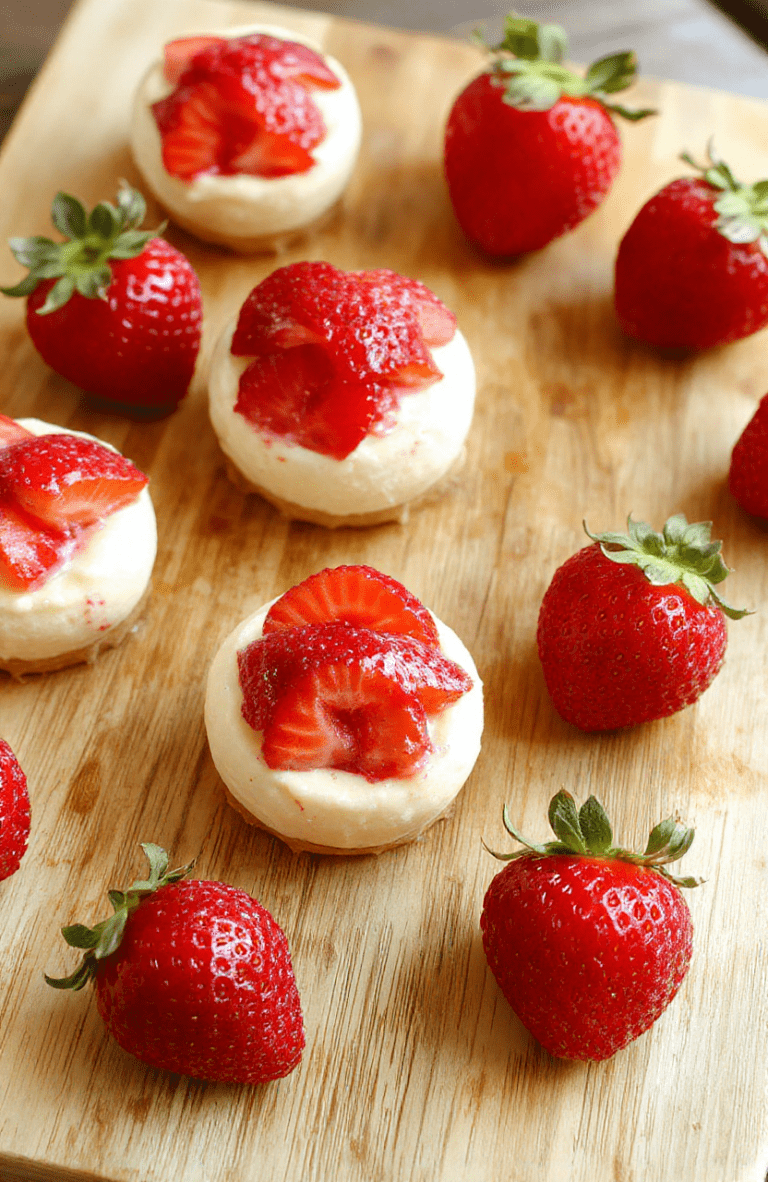 Fresh red strawberries halved and filled with creamy white no-bake cheesecake mixture, arranged on a rustic wooden board with a dusting of powdered sugar and mint leaves on the side, bright natural lighting, soft shadows, vibrant colors