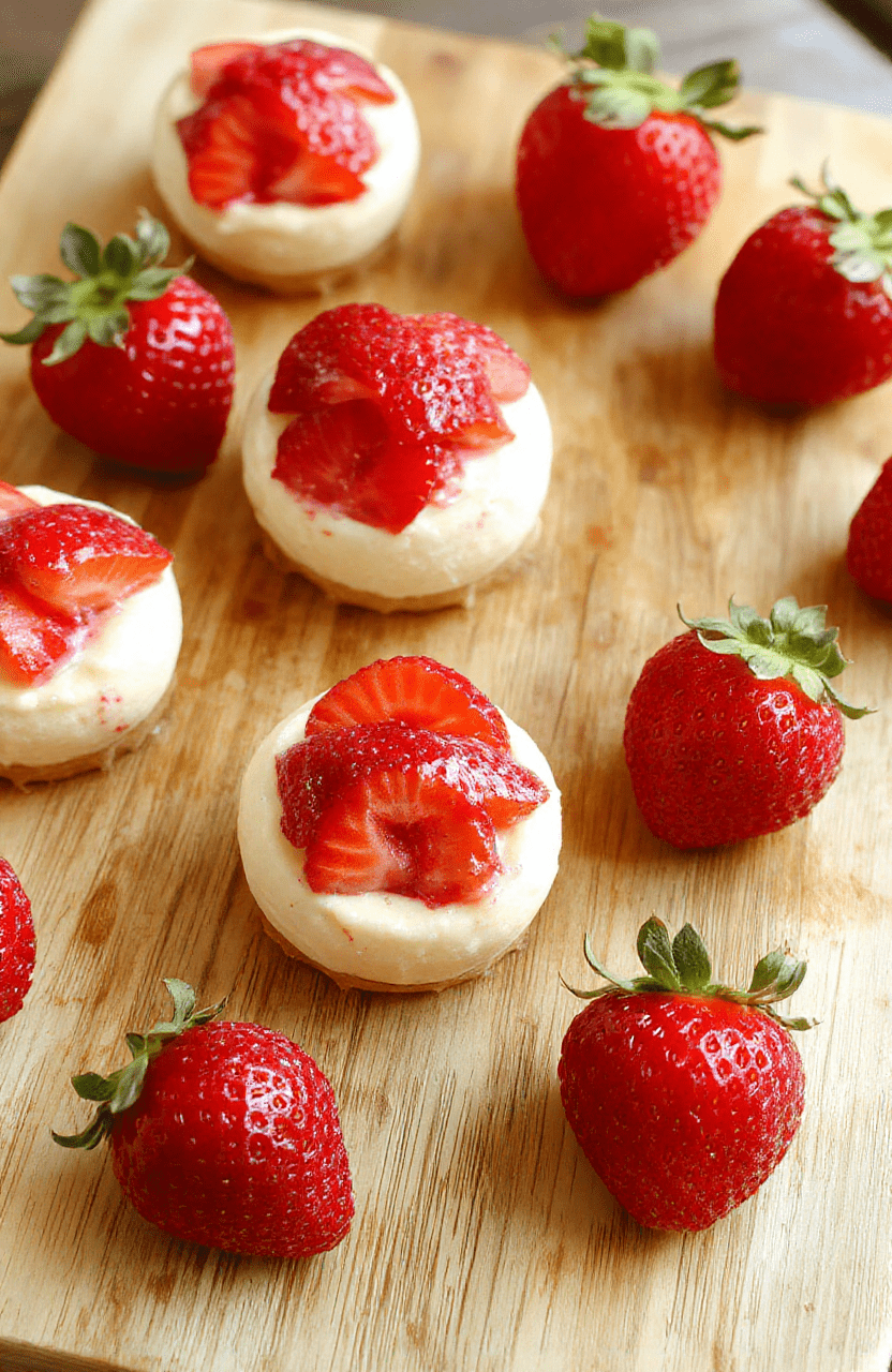 Fresh red strawberries halved and filled with creamy white no-bake cheesecake mixture, arranged on a rustic wooden board with a dusting of powdered sugar and mint leaves on the side, bright natural lighting, soft shadows, vibrant colors