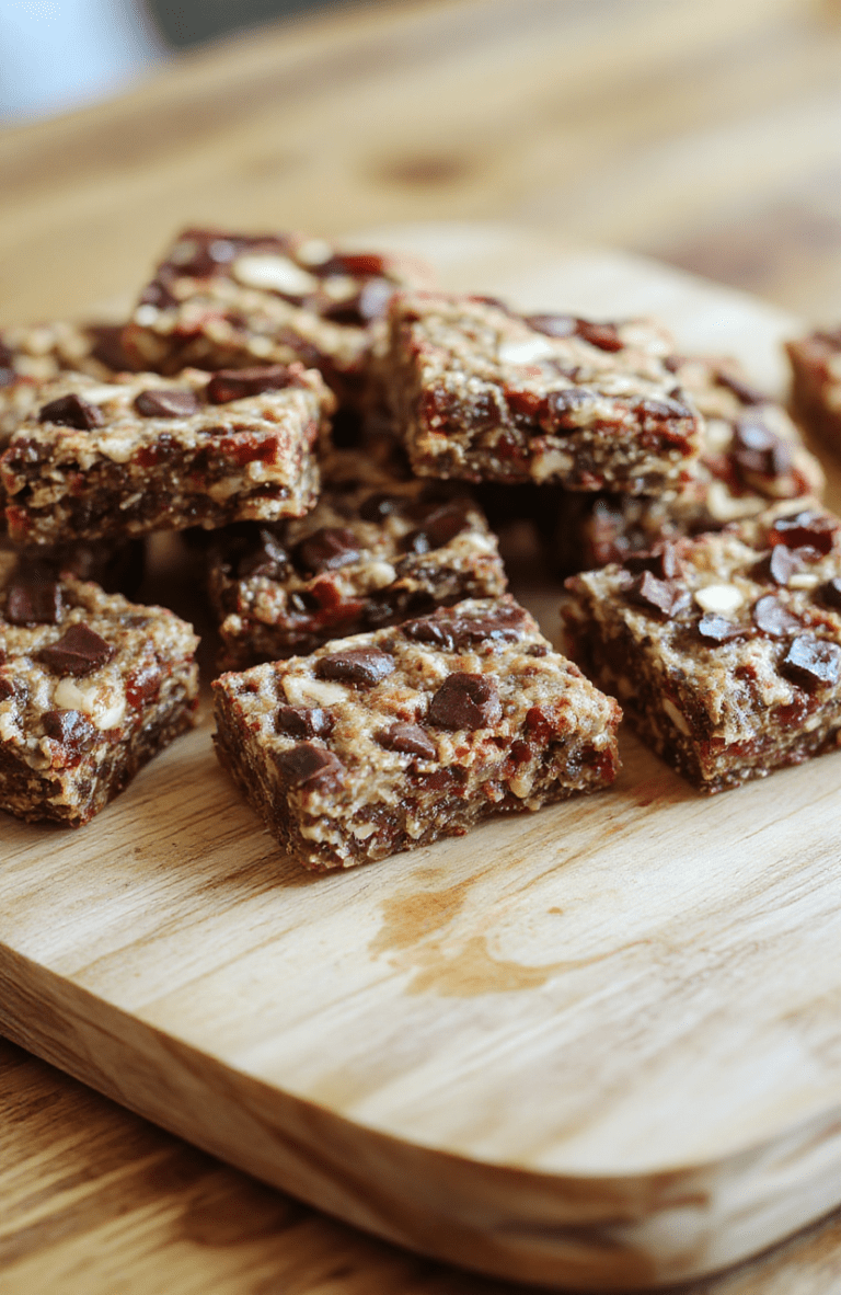 Homemade no-bake granola bars on a rustic wooden board, golden-brown and chunky with oats, honey-glazed peanuts, chewy dried cranberries, and dark chocolate chunks, cut into perfect squares with visible texture and natural crumbs, shallow depth of field, soft daylight from a side window, minimal styling.