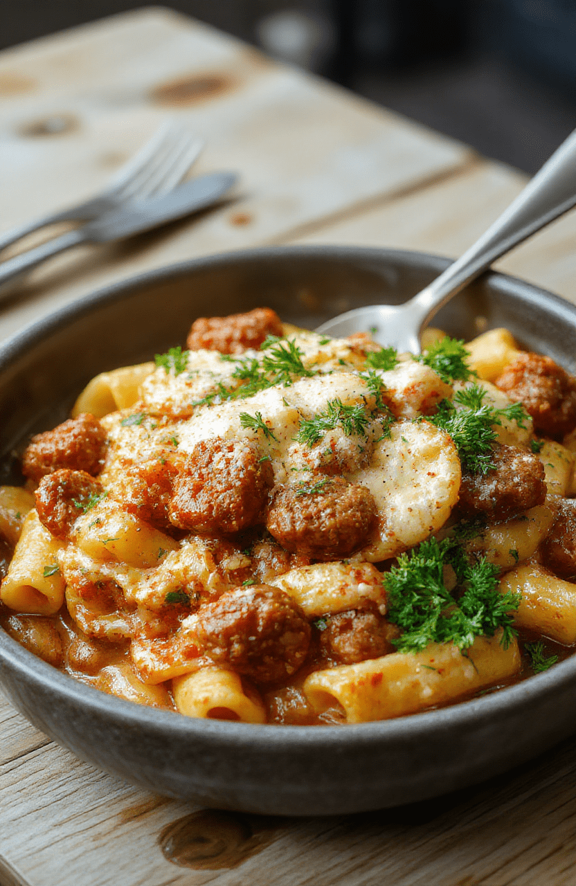Golden-brown Italian sausage rounds and al dente rigatoni pasta tossed in a rich tomato-cream sauce, garnished with fresh basil leaves and grated Parmesan, served in a rustic white ceramic bowl against a warm wooden table.