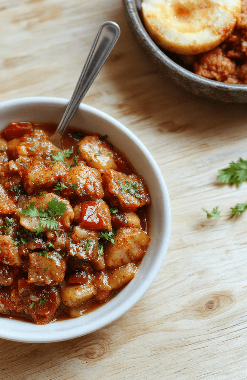 A steaming bowl of rich brown jambalaya topped with chopped green onions and a squeeze of lemon, served in a rustic ceramic bowl on a light wood table, with visible rice, pink Andouille sausage slices, yellow bell peppers, and red tomatoes, garnished with fresh parsley.