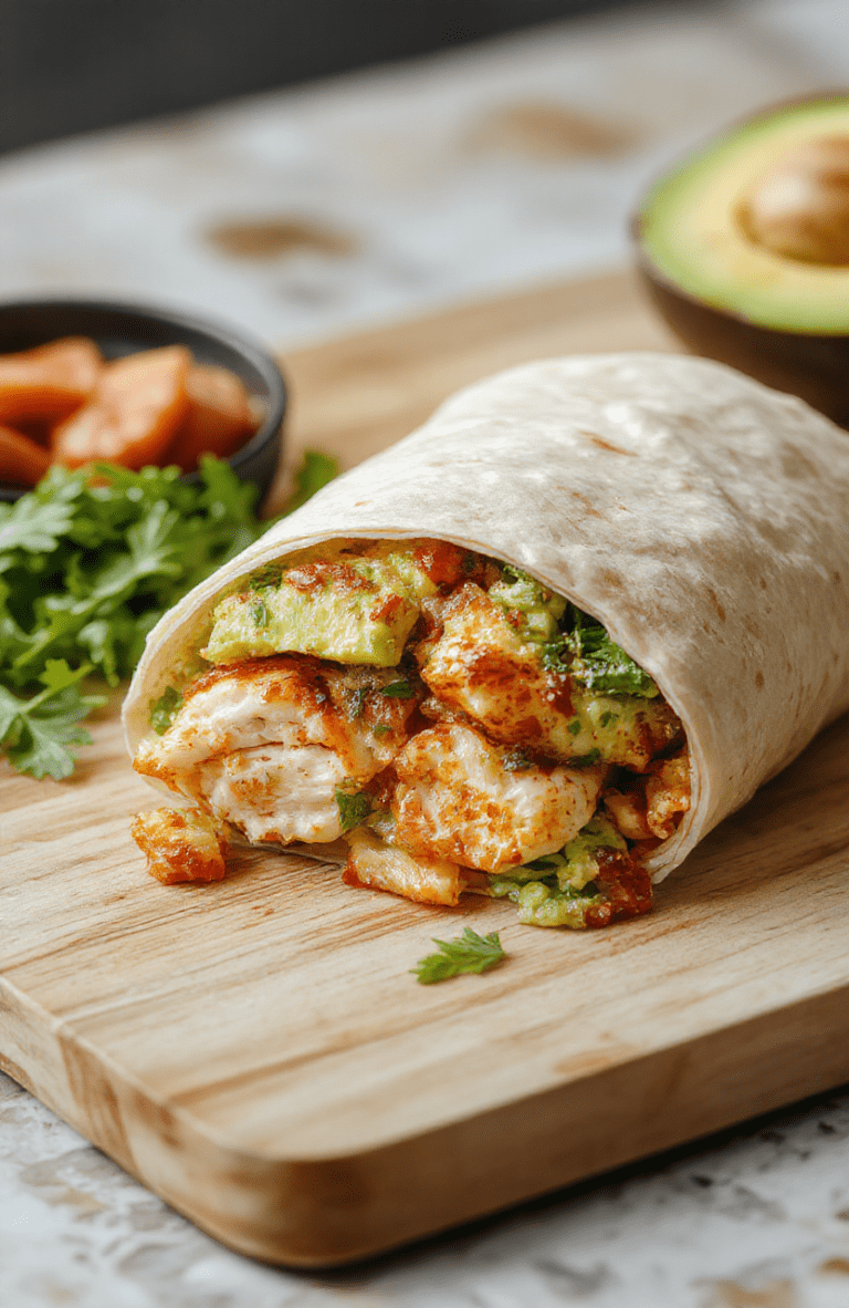 Fresh healthy chicken avocado wrap wrapped in parchment paper with a visible slice showing grilled chicken, sliced avocado, crisp lettuce, and roasted red pepper strips on a wooden cutting board, natural daylight, soft shadows, casual food styling.