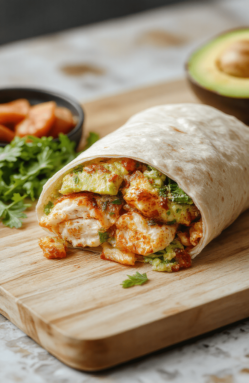 Fresh healthy chicken avocado wrap wrapped in parchment paper with a visible slice showing grilled chicken, sliced avocado, crisp lettuce, and roasted red pepper strips on a wooden cutting board, natural daylight, soft shadows, casual food styling.