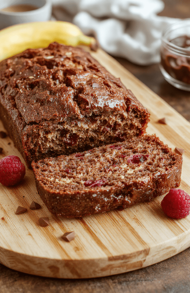 A rustic homemade banana bread loaf sliced diagonally, revealing a tender crumb studded with deep purple raspberry swirls and rich chocolate chips, dusted lightly with powdered sugar, placed on a clean wooden board with fresh raspberries and shattered chocolate pieces nearby.