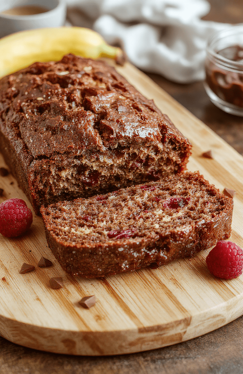 A rustic homemade banana bread loaf sliced diagonally, revealing a tender crumb studded with deep purple raspberry swirls and rich chocolate chips, dusted lightly with powdered sugar, placed on a clean wooden board with fresh raspberries and shattered chocolate pieces nearby.