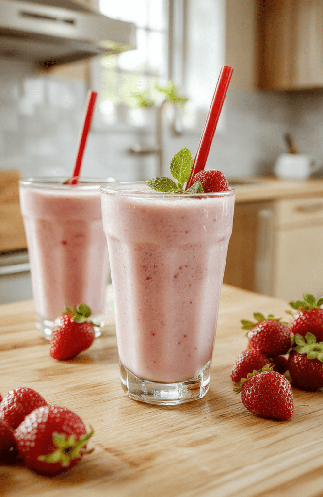 Clear glass jar filled with vibrant pink strawberry milk, glistening with freshness; fresh whole strawberries and dollop of whipped cream on the rim; soft natural daylight, shallow depth of field.