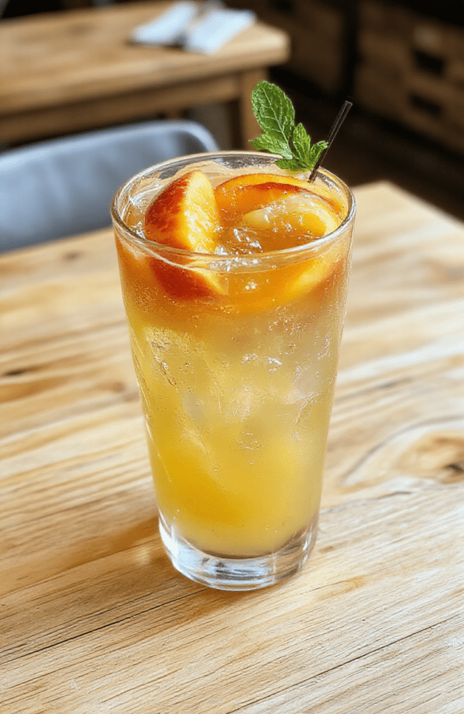 Clear glass pitcher filled with golden-yellow peach lemonade, floating slices of ripe yellow peach and fresh lemon, mint sprigs on top, condensation on glass, bright natural light, white wooden table background