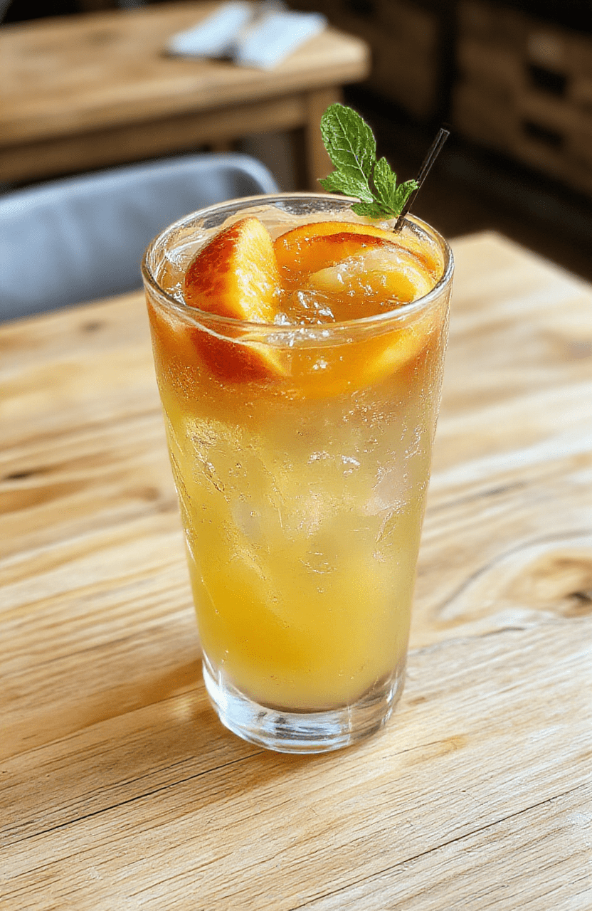 Clear glass pitcher filled with golden-yellow peach lemonade, floating slices of ripe yellow peach and fresh lemon, mint sprigs on top, condensation on glass, bright natural light, white wooden table background