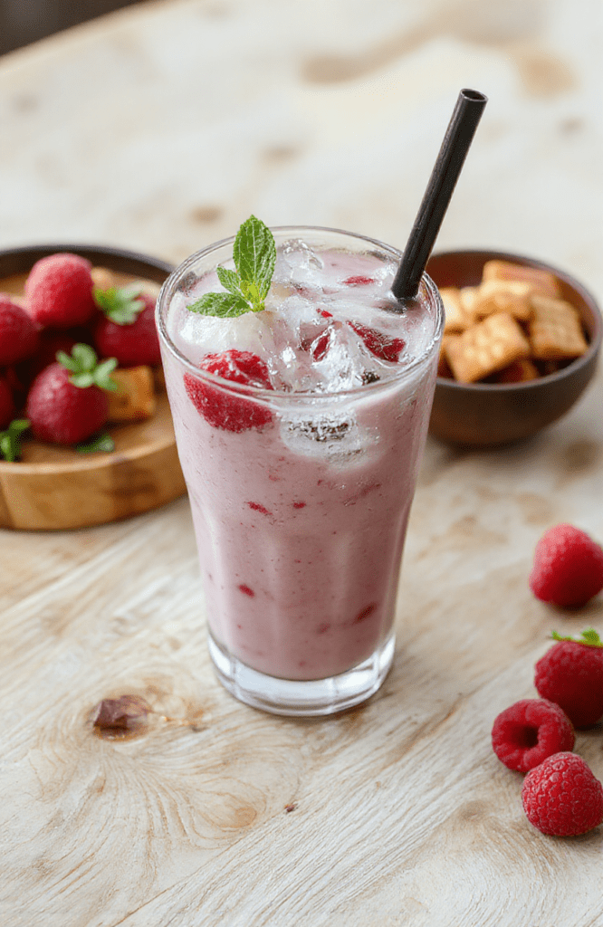 A tall clear glass iced latte with layers of pale vanilla latte at the bottom and vibrant raspberry swirl on top, garnished with fresh raspberries and a sprig of mint, condensation on the glass, placed on a light oak wood surface in natural daylight