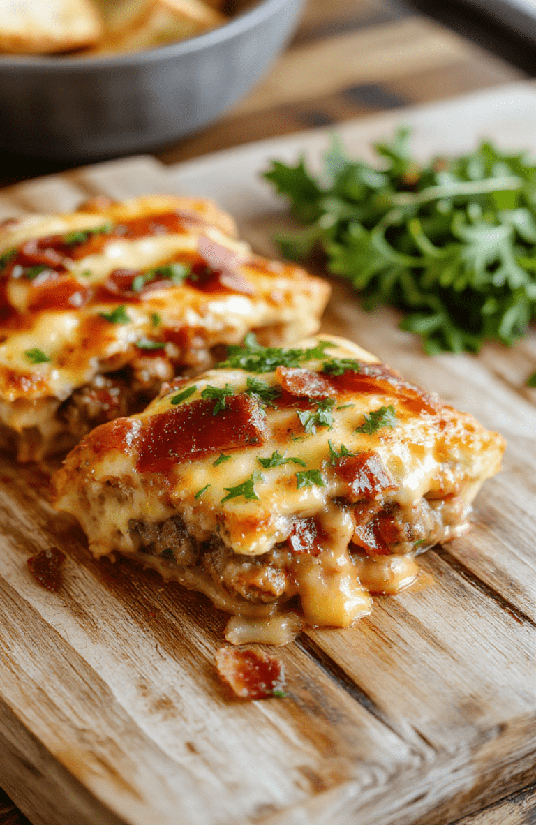 A golden-brown, flaky pie crust encasing a hearty filling of browned ground beef, crispy bacon bits, melted cheddar cheese, and caramelized onions, served in a deep dish with a side of fresh parsley for contrast.