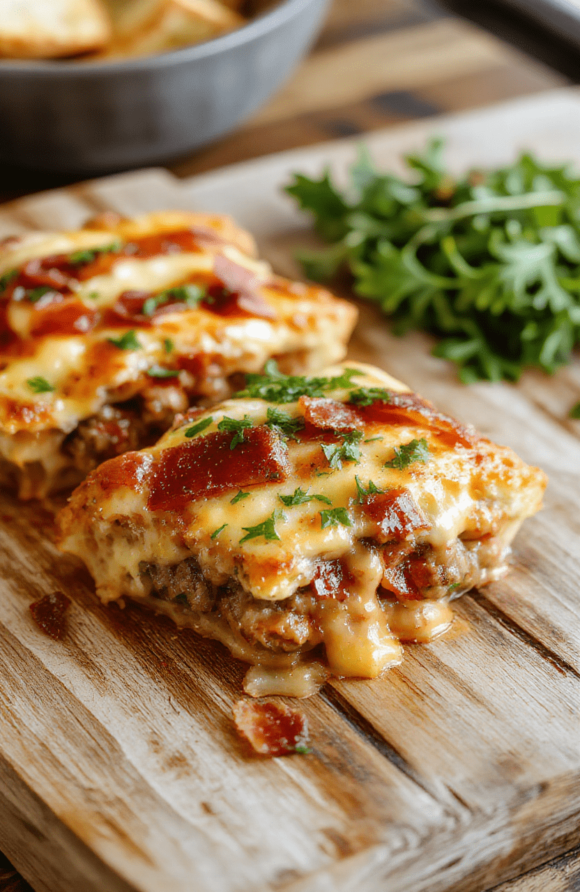 A golden-brown, flaky pie crust encasing a hearty filling of browned ground beef, crispy bacon bits, melted cheddar cheese, and caramelized onions, served in a deep dish with a side of fresh parsley for contrast.