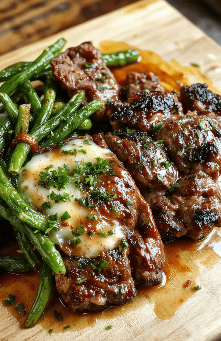 Sizzling seared steak medallions glistening with golden garlic butter, nestled beside vibrant bright green roasted green beans on a rustic white ceramic plate, garnished with fresh parsley and lightly charred edges, natural wooden cutting board in background
