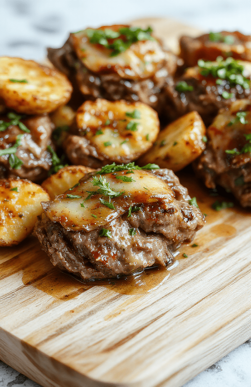 Golden-brown steak bites with crispy-edged baby potatoes on a rustic wooden board, glistening with garlic butter sauce, garnished with freshly chopped parsley and cracked black pepper, against a soft-blurred kitchen背景 in warm daylight.
