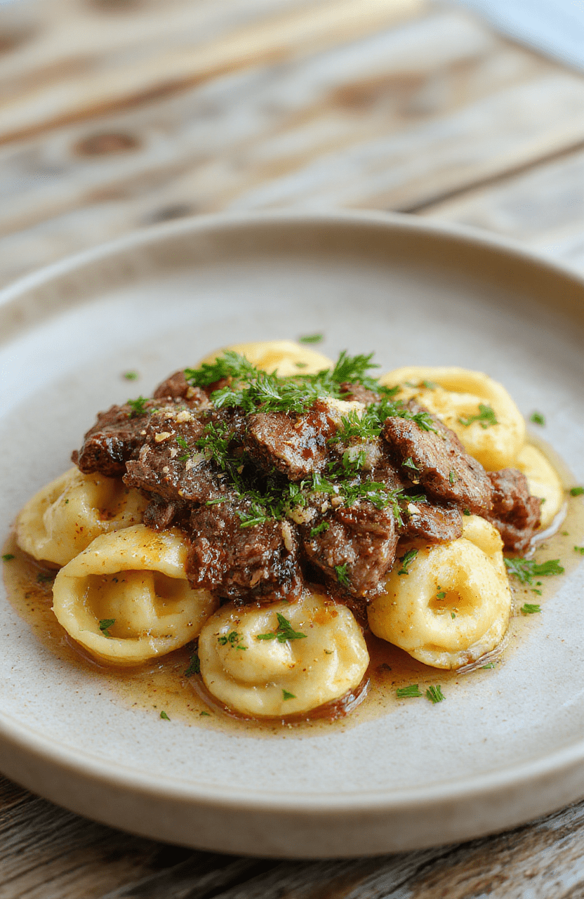 A rustic porcelain bowl filled with tender cheese tortellini tossed in a golden garlic butter sauce, topped with seared steak strips, fresh parsley, and a sprinkle of Parmesan cheese, on a light wooden tabletop with soft natural lighting.