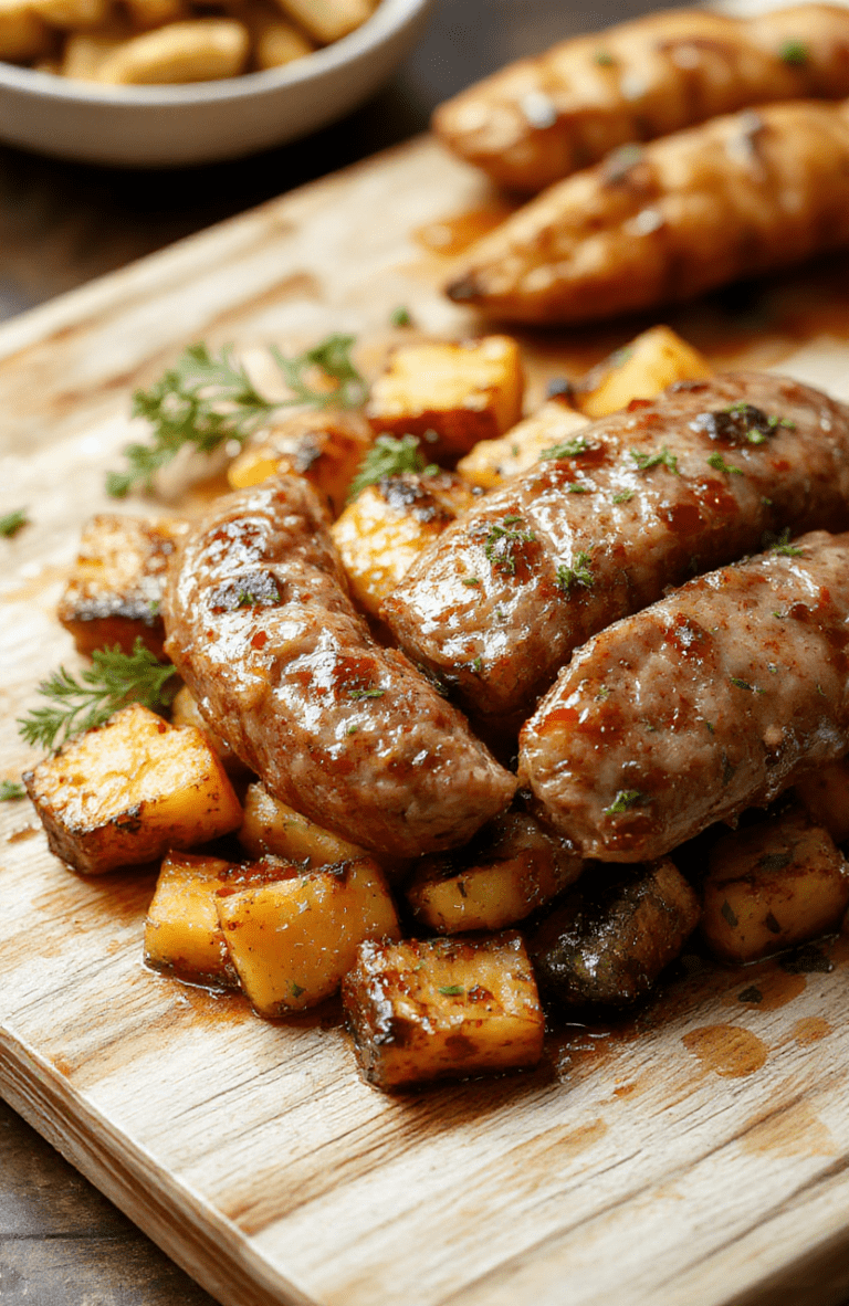 A rustic wooden board holding golden-brown honey garlic sausage links smothered in glossy glaze, nestled beside vibrant roasted sweet potato wedges with caramelized edges and fresh rosemary sprigs. Background is soft natural wood with subtle shadowing.