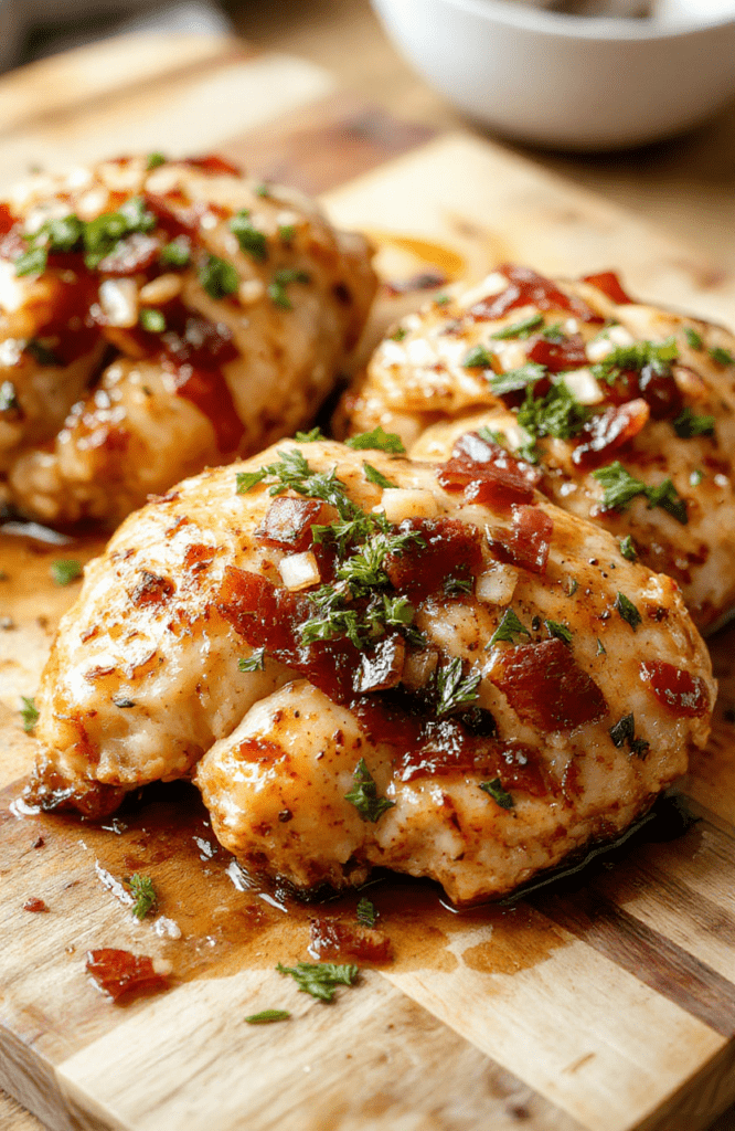Golden-brown bacon-wrapped chicken breast on a rustic wooden board, glistening with sticky maple-garlic glaze, served with seared broccoli and roasted baby potatoes. Crisp bacon edges contrast tender chicken, with garlic bits and herb garnish scattered around.