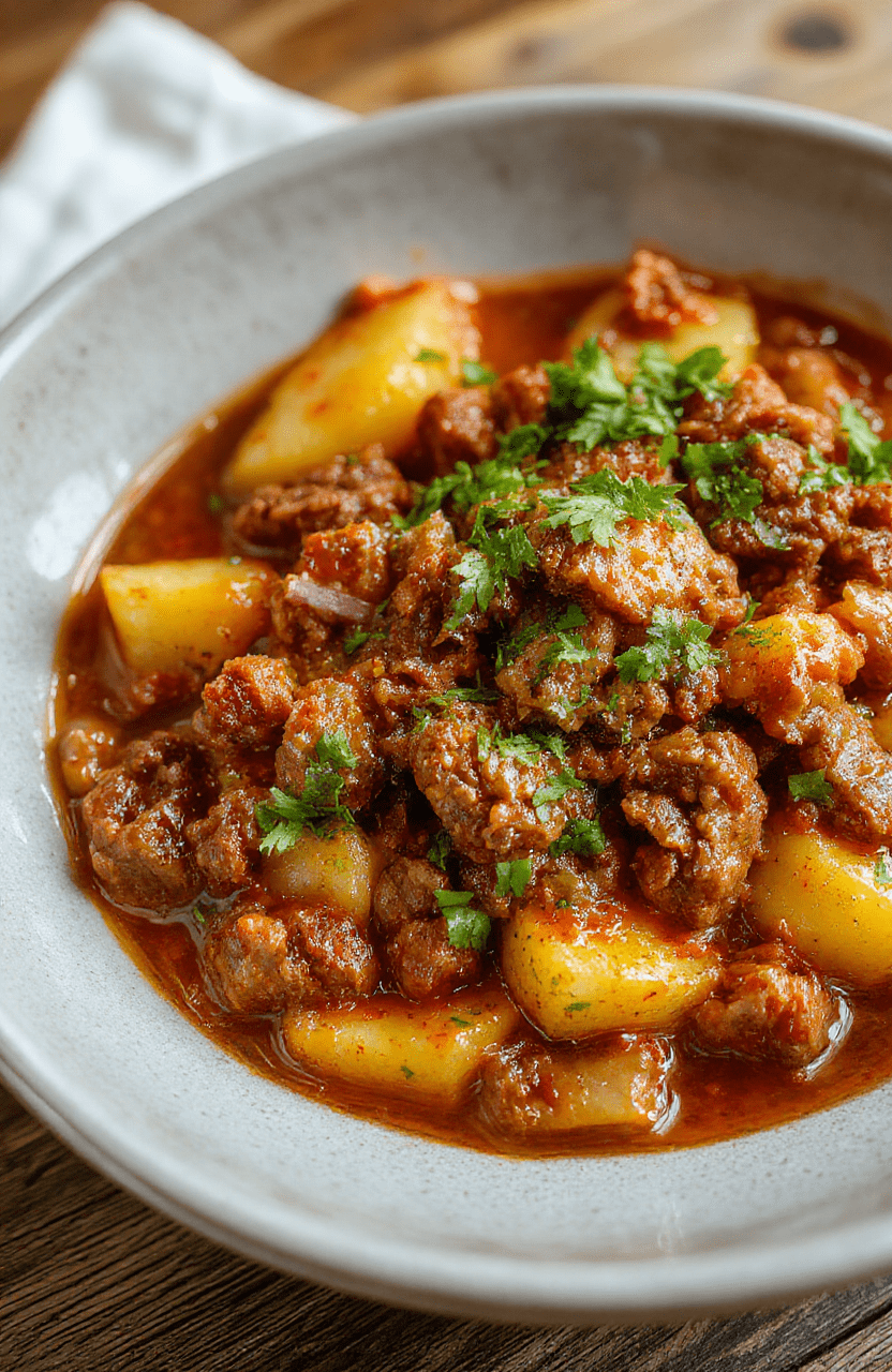 A vibrant one-pan savory dish featuring golden-brown crumbled ground beef, soft caramelized potatoes, and fragrant spices on a rustic wooden board, garnished with fresh cilantro and a sprinkle of red chili flakes, served in warm, rustic ceramic bowl on a light oak cutting board