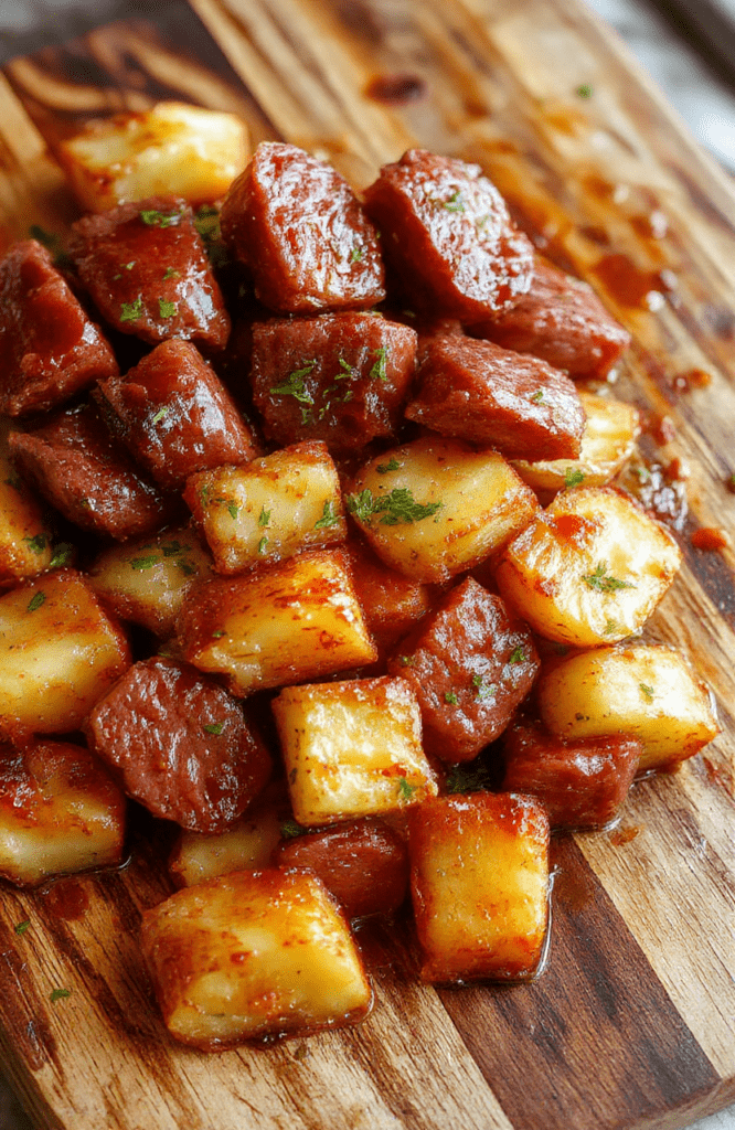 Golden-brown kielbasa links and crispy roasted baby potatoes arranged on a rimmed baking sheet, tossed with fresh rosemary, garlic, and a drizzle of olive oil, served with a sprinkle of parsley and a side of mustard, captured in natural light with soft shadows.