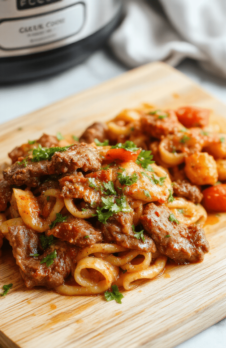 A steaming bowl of tender slow-cooked beef pasta with rich brown gravy, al dente pasta, and flecks of fresh parsley on a rustic wooden board, with a side of crushed tomatoes and melted cheese.