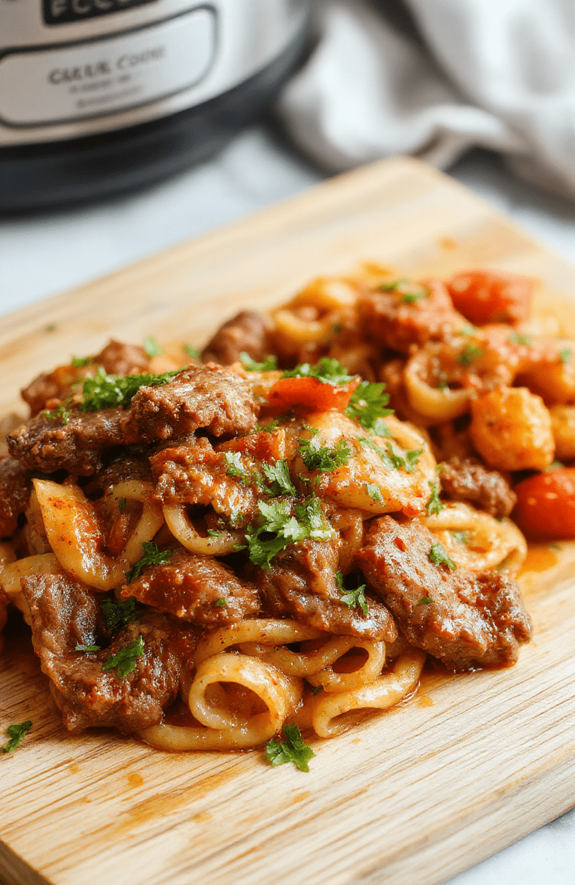 A steaming bowl of tender slow-cooked beef pasta with rich brown gravy, al dente pasta, and flecks of fresh parsley on a rustic wooden board, with a side of crushed tomatoes and melted cheese.