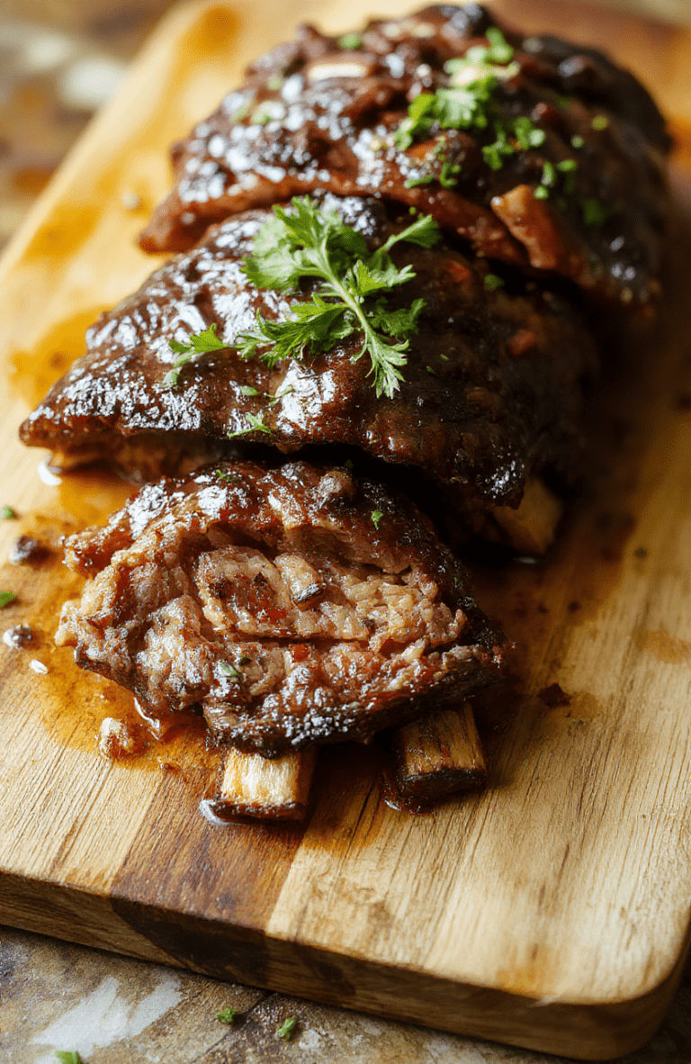 Glossy, braised beef short ribs nestled in a rich, dark brown gravy on a white ceramic plate, garnished with fresh parsley and a side of roasted carrots and potatoes, Steam rises gently from the meat, showing tender fibers pulling away, captured in natural sunlight with shallow depth of field and soft shadows, lower third of image remains clear for text overlay.