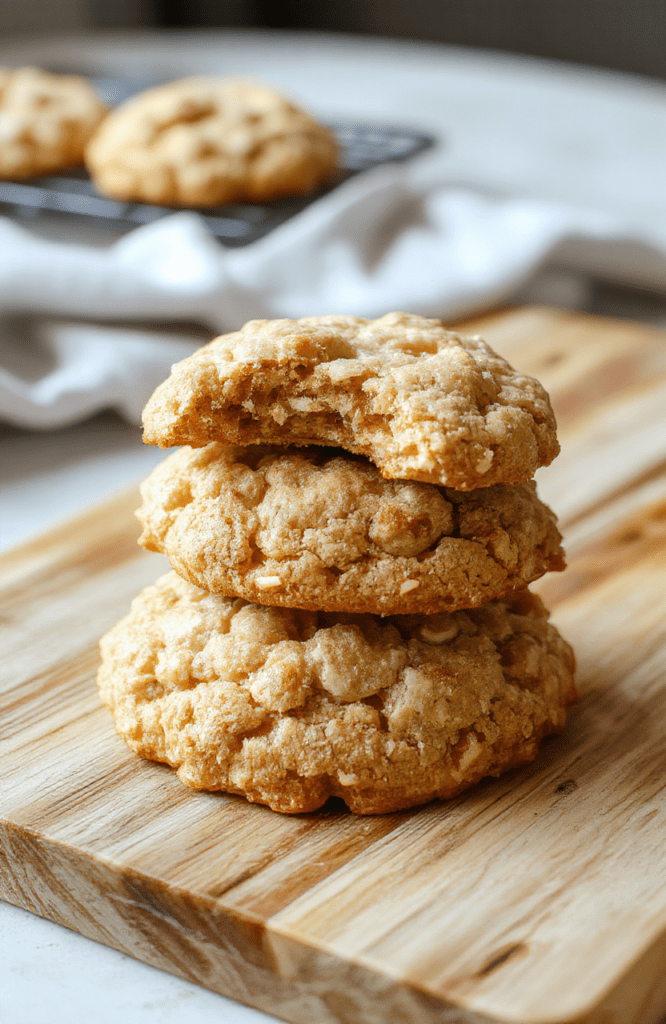 Two soft, chewy oatmeal cookies with visible oats, raisins, and cinnamon flecks, resting on a rustic wooden cutting board with a dusting of powdered sugar and a drizzle of applesauce on the side. Natural daylight highlights their golden-brown edges and tender centers.