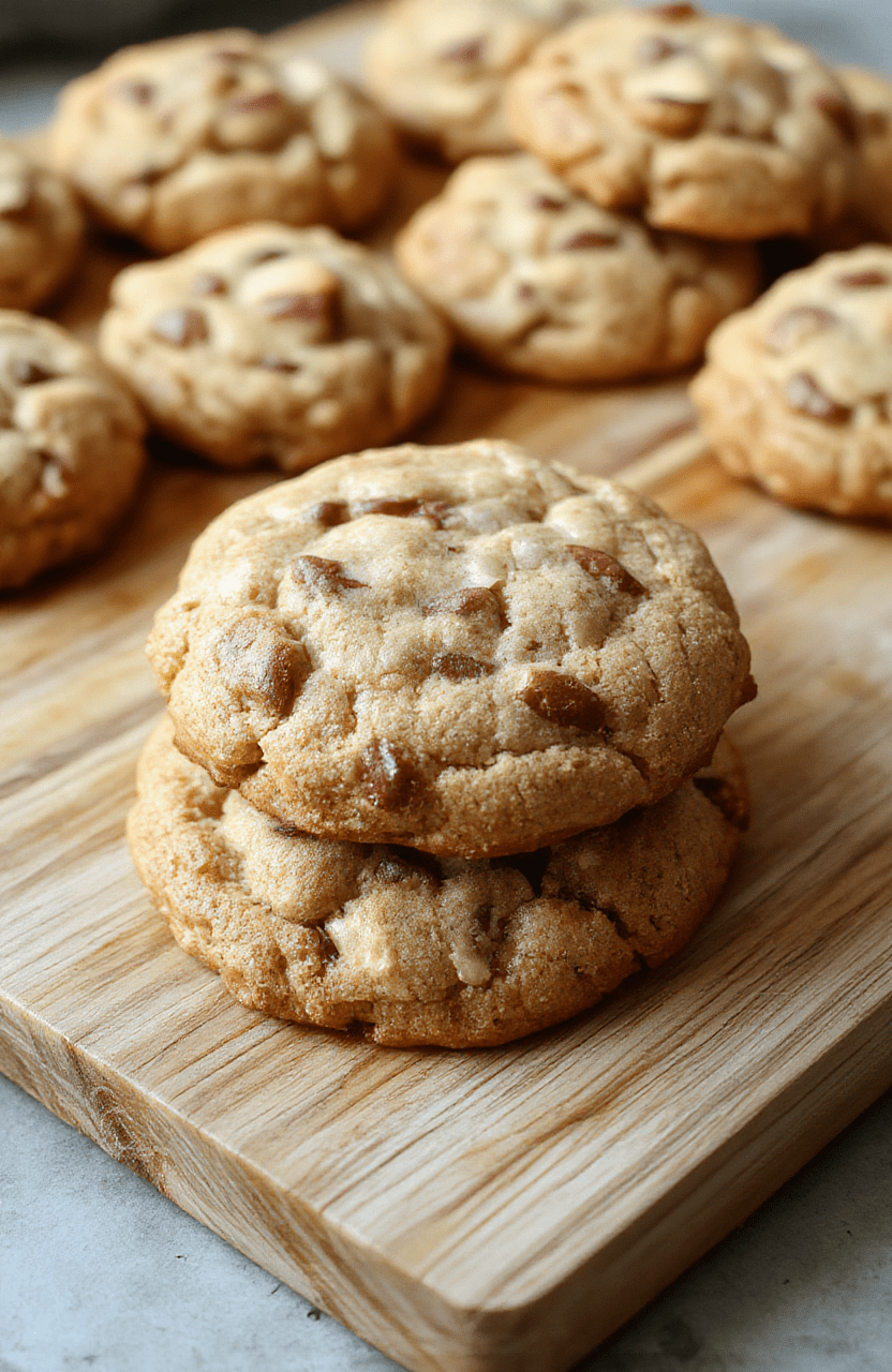 Two soft, golden-brown banana bread cookies on a white ceramic plate, slightly domed with crackled tops, flecked with dark chocolate chips and banana fragments, sitting on a wooden cutting board with a sprinkle of coarse sea salt and a drizzle of honey beside them, soft natural daylight, shallow depth of field background.