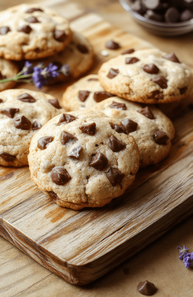 Soft, slightly puffed golden-brown chocolate chip cookies studded with dark chocolate chunks and a subtle purple hue from culinary lavender, resting on a rustic wooden board with a light dusting of powdered sugar and a few edible lavender sprigs beside them.