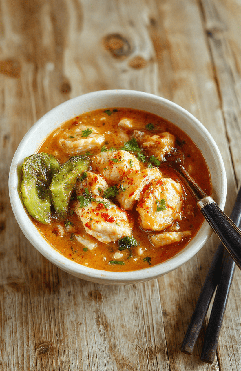 Bowl of steaming ramen with tender sliced chicken, soft-boiled egg, bok choy, and chili oil swirls, garnished with green onions and sesame seeds, served in a ceramic bowl on a light wooden table with soft natural lighting.