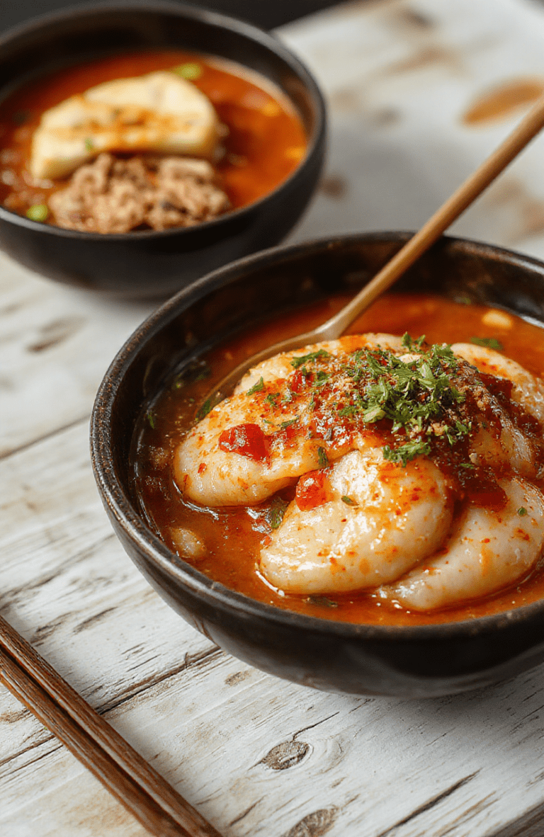 Close-up of steaming udon noodles in a glossy red gochujang sauce, garnished with green onions, sesame seeds, and thin slices of jalapeño, served in a rustic ceramic bowl with chopsticks resting on the rim, on a light wooden tabletop with soft natural daylight and gentle shadows.