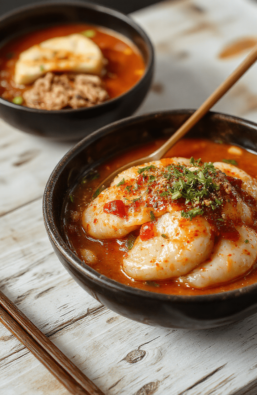 Close-up of steaming udon noodles in a glossy red gochujang sauce, garnished with green onions, sesame seeds, and thin slices of jalapeño, served in a rustic ceramic bowl with chopsticks resting on the rim, on a light wooden tabletop with soft natural daylight and gentle shadows.