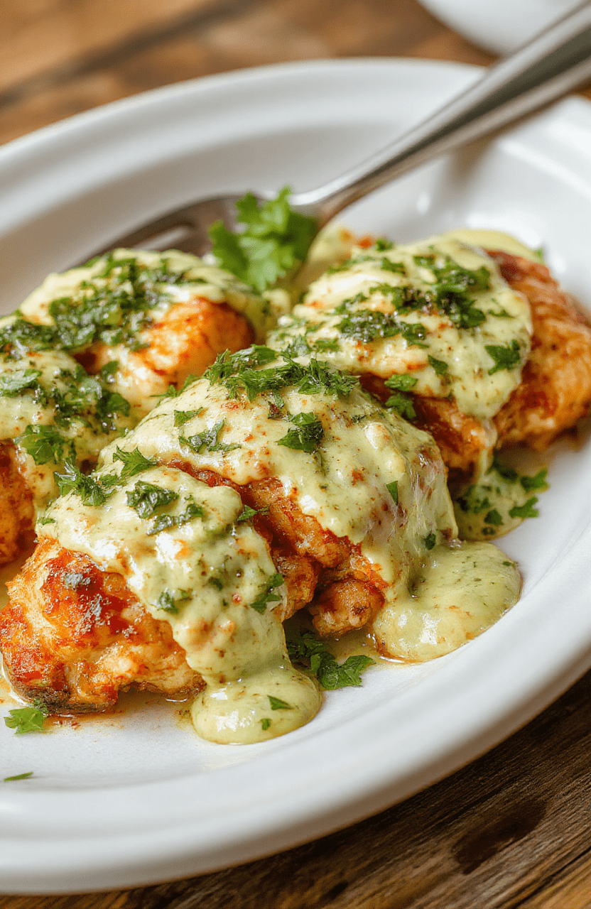 Golden-brown grilled Peruvian chicken thighs with charred edges, placed atop a bed of fluffy white rice, drizzled with vibrant green aji verde sauce and sprinkled with pickled red onions and fresh cilantro. Serve with a side of crispy sweet potato fries and avocado slices on a rustic ceramic plate.