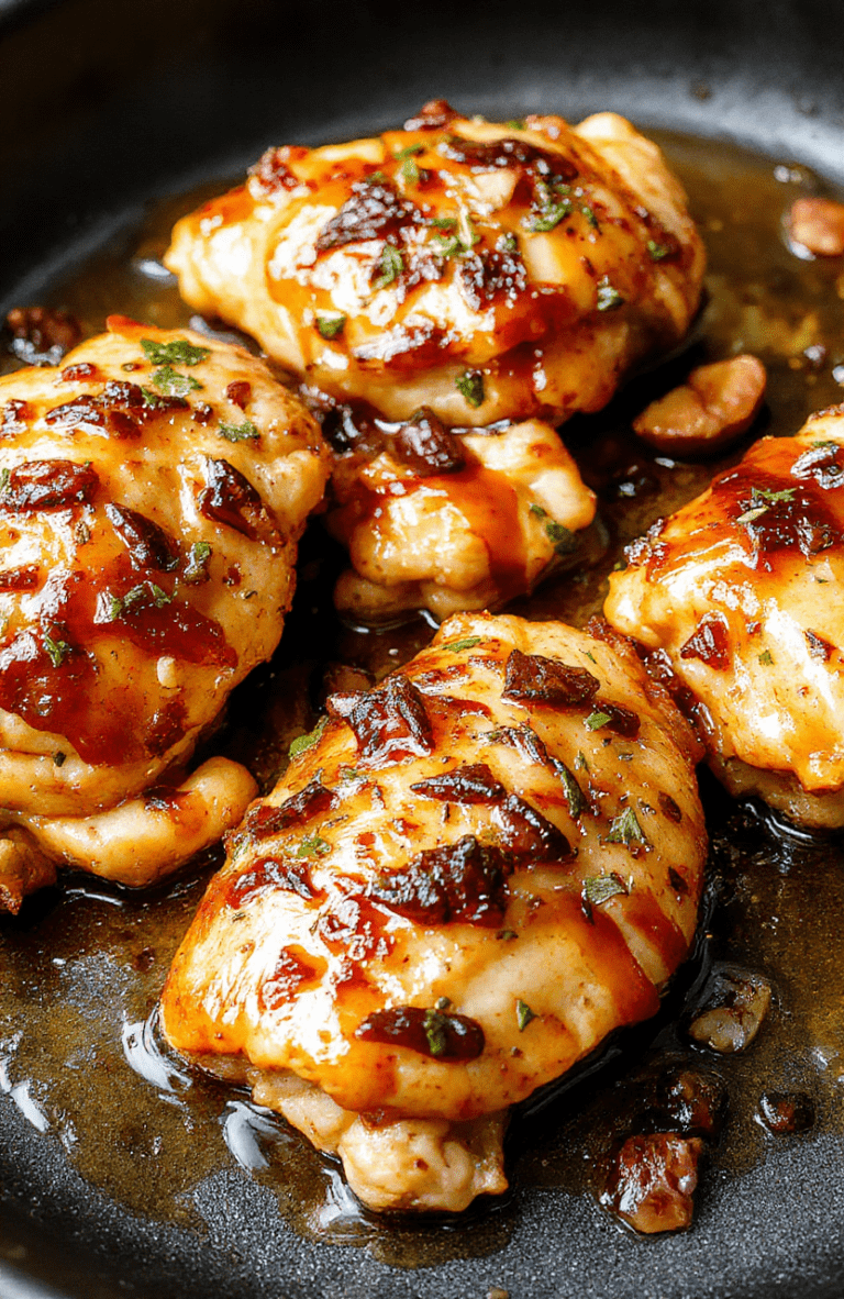 Juicy honey garlic chicken pieces glistening with glossy sticky glaze, arranged over caramelized garlic slices and roasted broccoli florets on a dark ceramic tray, with fresh parsley sprinkled on top, golden honey drips visible, natural light casting soft shadows