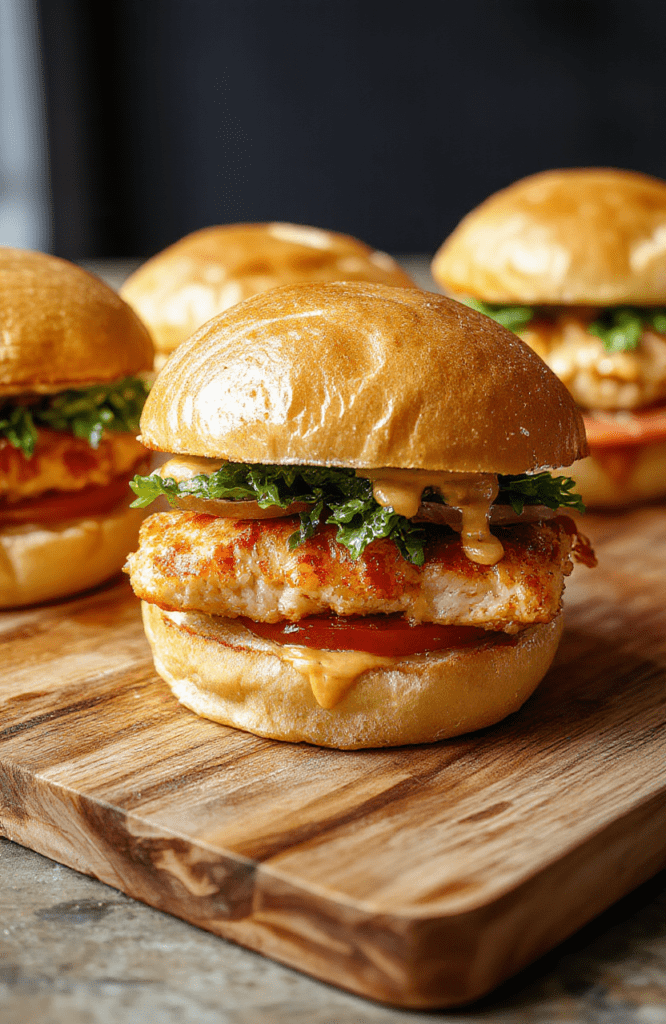 Three mini chicken sliders stacked on a toasted brie and honey mustard glaze, topped with crispy bacon, ripe tomato slices, fresh lettuce, and a drizzle of golden honey mustard, served on a rustic wooden board with a side of pickles and colorful peppers, natural sunlight highlights juicy textures and golden crust.