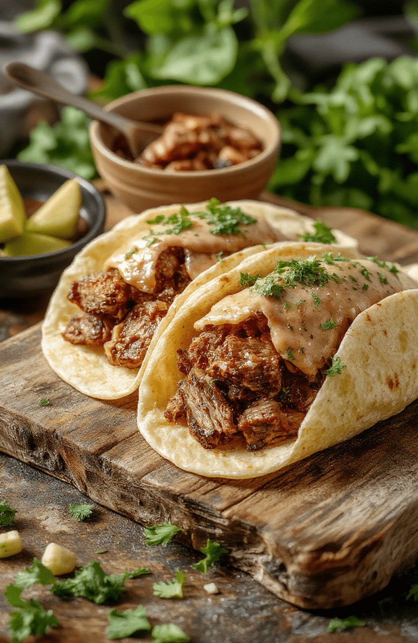 Juicy, shredded chuck roast taco fillings served in warm corn and flour tortillas, topped with fresh cilantro, diced red onion, lime wedges, and a drizzle of tangy crema, arranged on a rustic wooden board beside a bowl of refried beans and shredded lettuce.