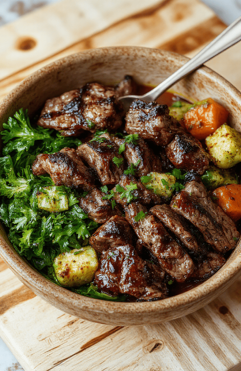 A vibrant grilled steak bowl with thick slices of seared marinated steak, arranged over a bed of mixed leafy greens, cherry tomatoes, sliced avocado, and roasted bell peppers. A drizzle of olive oil and fresh lemon juice glistens on top. The bowl sits on a light wood cutting board with a sprinkle of chopped parsley for color contrast.