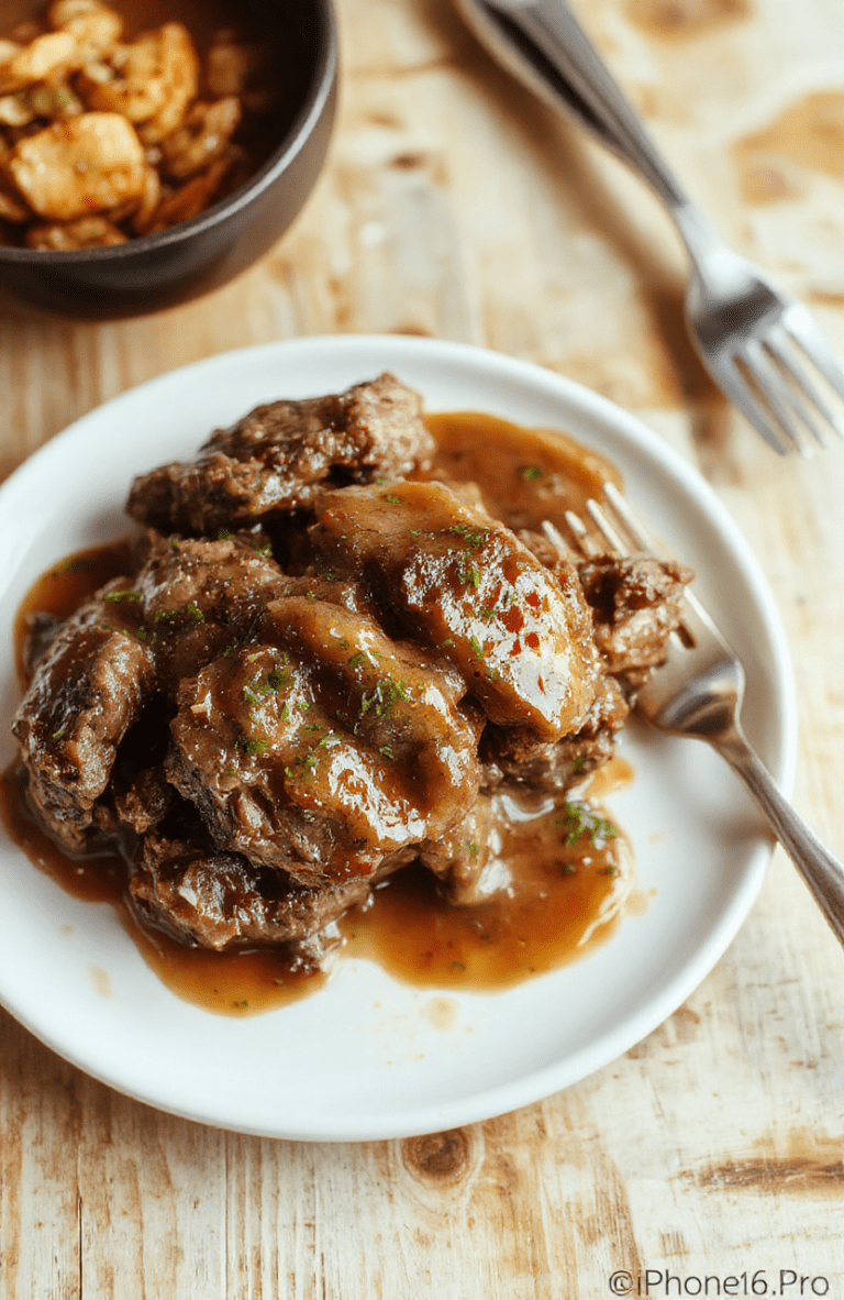 A rustic ceramic crock pot centered on a wooden table, revealing tender cube steak smothered in rich brown gravy, nestled alongside soft mashed potatoes and tender green beans, garnished with fresh parsley