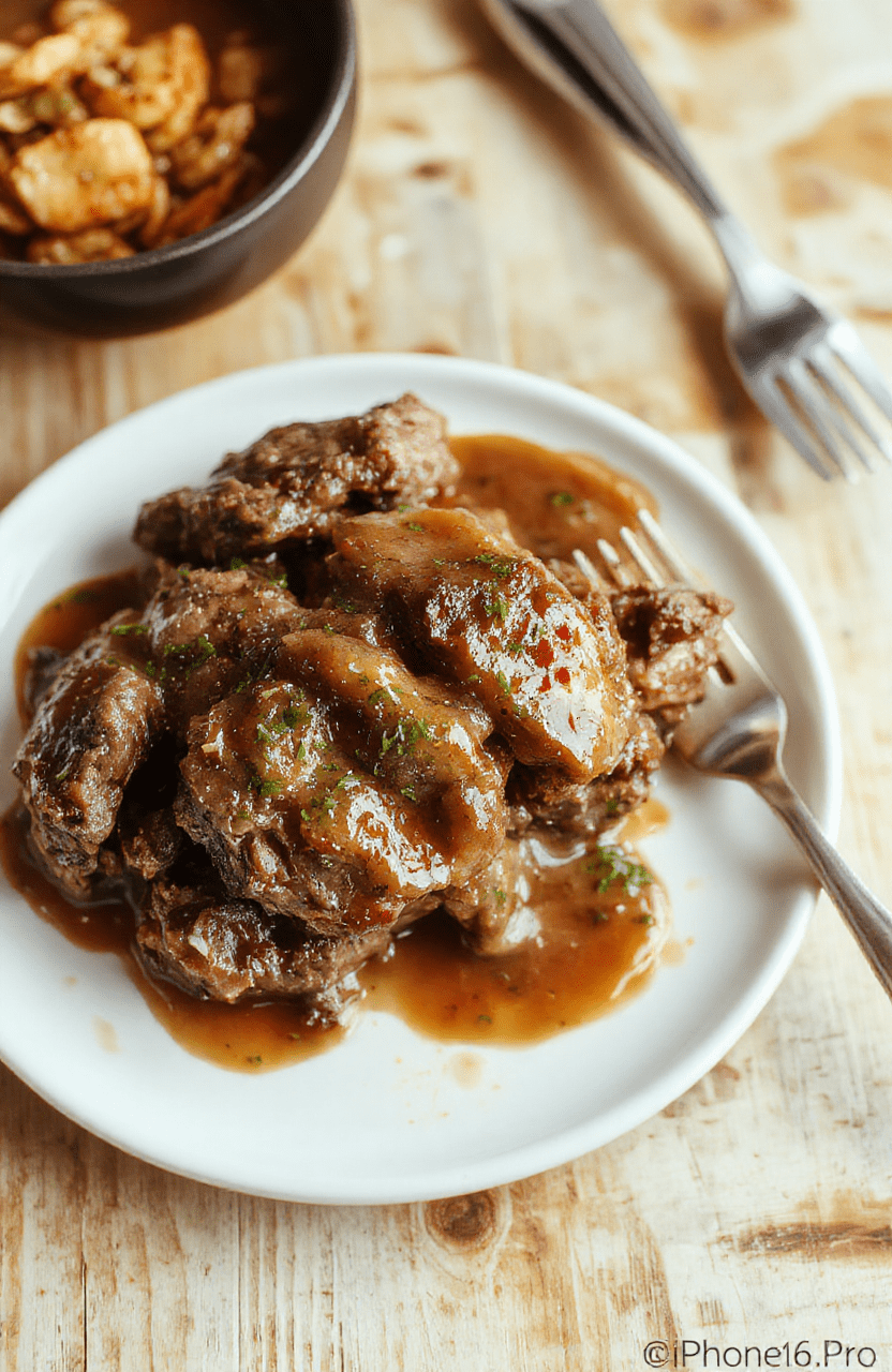 A rustic ceramic crock pot centered on a wooden table, revealing tender cube steak smothered in rich brown gravy, nestled alongside soft mashed potatoes and tender green beans, garnished with fresh parsley