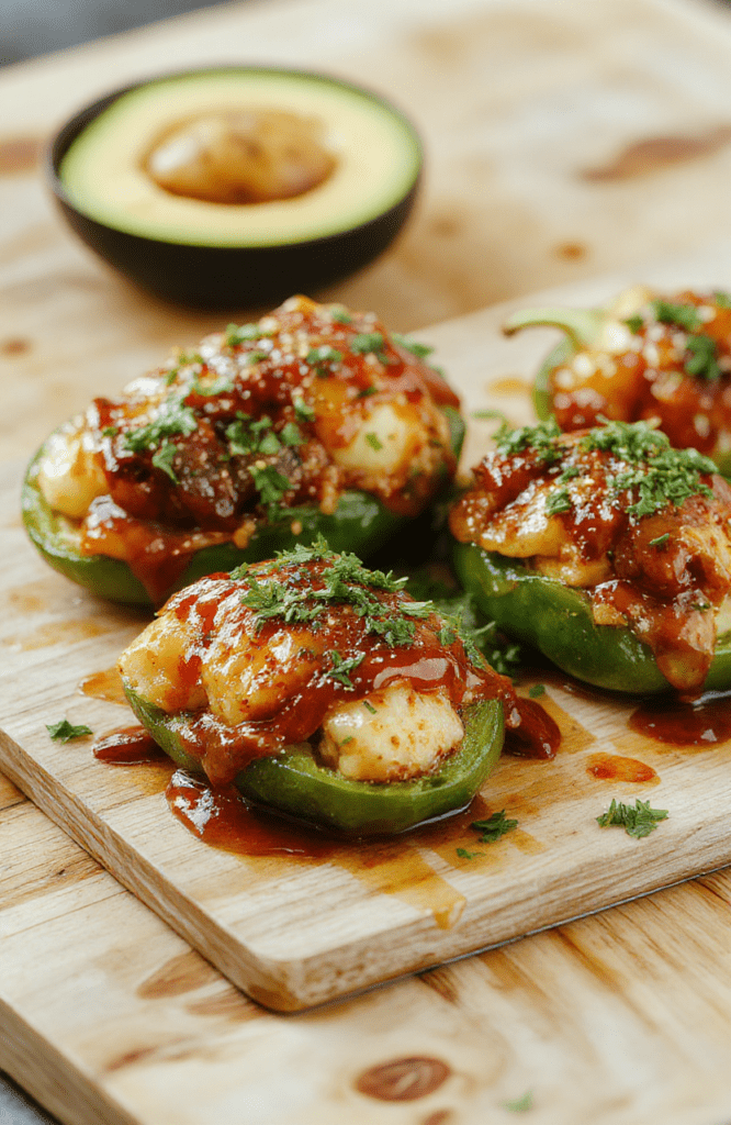 Colorful bell peppers halved and stuffed with fluffy jasmine rice, diced grilled pineapple, tender chicken, and fresh green onions, drizzled with glossy amber teriyaki sauce, served on a white ceramic plate with a sprinkle of sesame seeds and cilantro leaves, natural light, soft shadows, rustic wooden tabletop background.