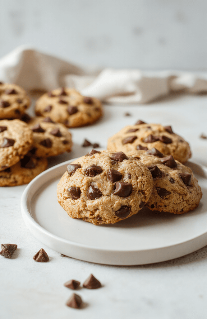 Golden-brown, thick bakery-style chocolate chip cookies with chewy centers, crisp edges, and melty chocolate chips, placed on a clean white ceramic plate beside a glass of cold milk and a light dusting of sea salt.