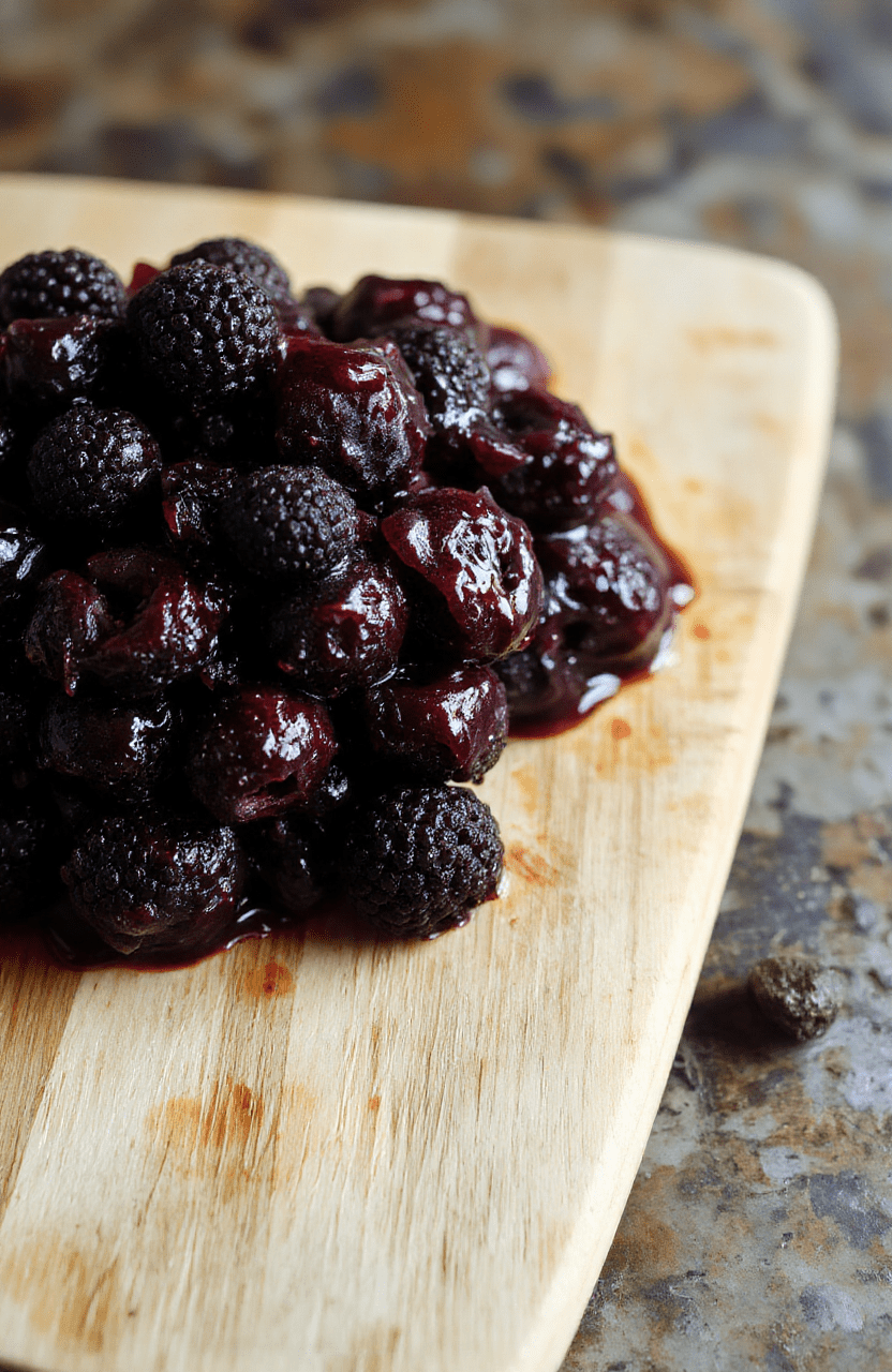 Glossy, deep-purple blueberry compote served in a white ceramic bowl, garnished with fresh whole blueberries and a drizzle of honey, placed on a rustic wooden cutting board with light beige tones and subtle wood grain visible, soft natural daylight with gentle shadow on lower left.