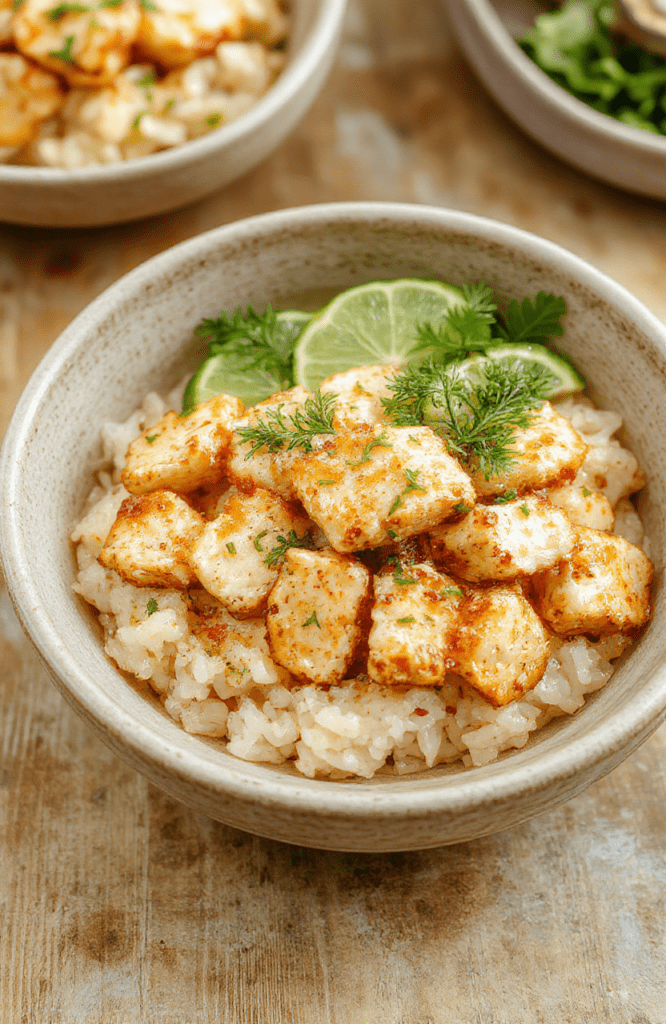 A vibrant one-pot meal featuring tender, golden-brown coconut lime chicken pieces resting over fluffy jasmine rice, garnished with fresh cilantro, limes, and thin lime slices, with subtle coconut curry sauce drizzle and orange chili flakes on a rustic wooden board.
