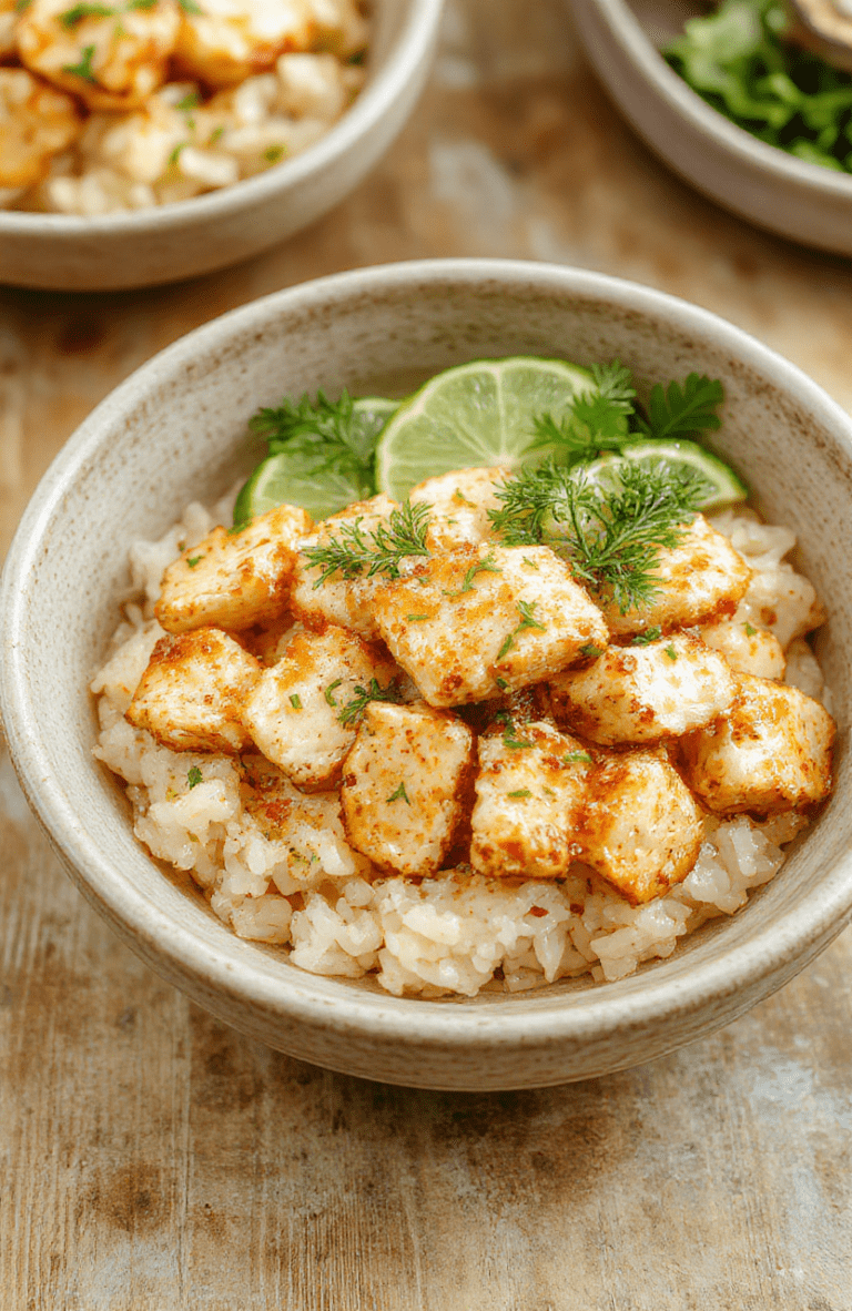 A vibrant one-pot meal featuring tender, golden-brown coconut lime chicken pieces resting over fluffy jasmine rice, garnished with fresh cilantro, limes, and thin lime slices, with subtle coconut curry sauce drizzle and orange chili flakes on a rustic wooden board.