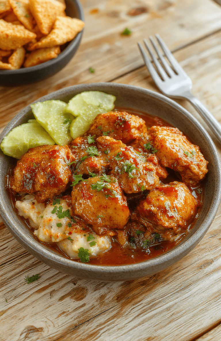 Pan-seared tender chicken pieces in a golden, creamy butter sauce with bold zesty notes, garnished with fresh cilantro and a squeeze of lemon, served over fluffy basmati rice in a rustic ceramic bowl.