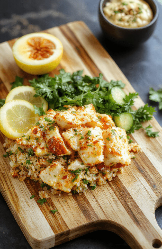A vibrant, colorful quinoa bowl featuring tender, golden-brown zesty garlic lemon chicken slices, fluffy white quinoa, steamed broccoli florets, cherry tomatoes, and fresh parsley, arranged neatly in a white ceramic bowl on a light wooden table with soft natural lighting.