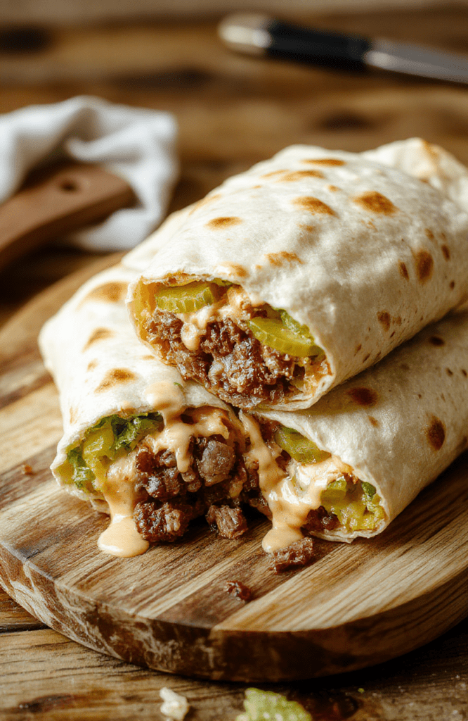 A close-up of Big Mac Wraps sliced to reveal juicy beef, melted cheese, crisp lettuce, dill pickles, and sesame Big Mac sauce roped in a soft tortilla on a light wooden board, with natural daylight and subtle steam.