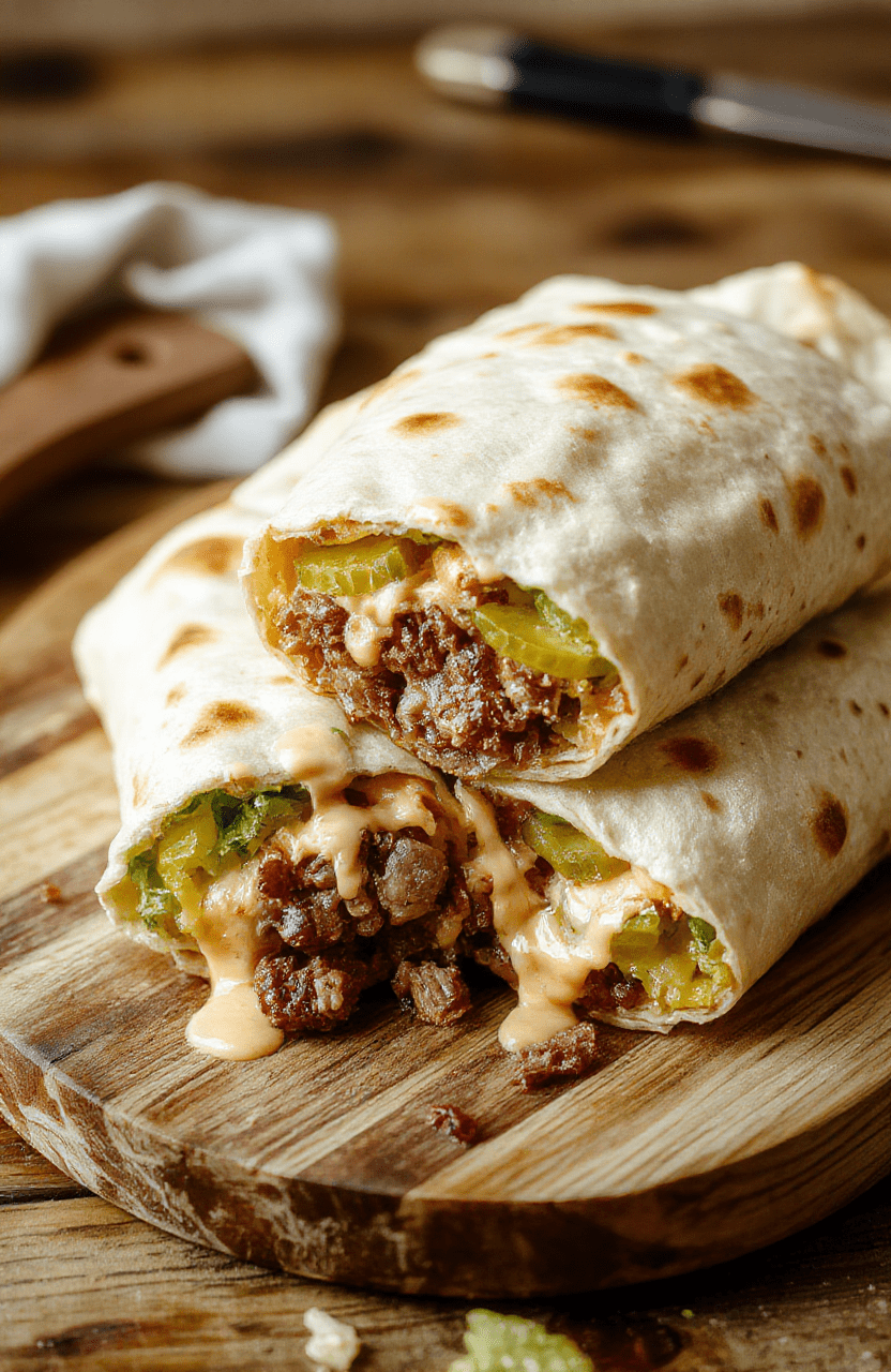 A close-up of Big Mac Wraps sliced to reveal juicy beef, melted cheese, crisp lettuce, dill pickles, and sesame Big Mac sauce roped in a soft tortilla on a light wooden board, with natural daylight and subtle steam.