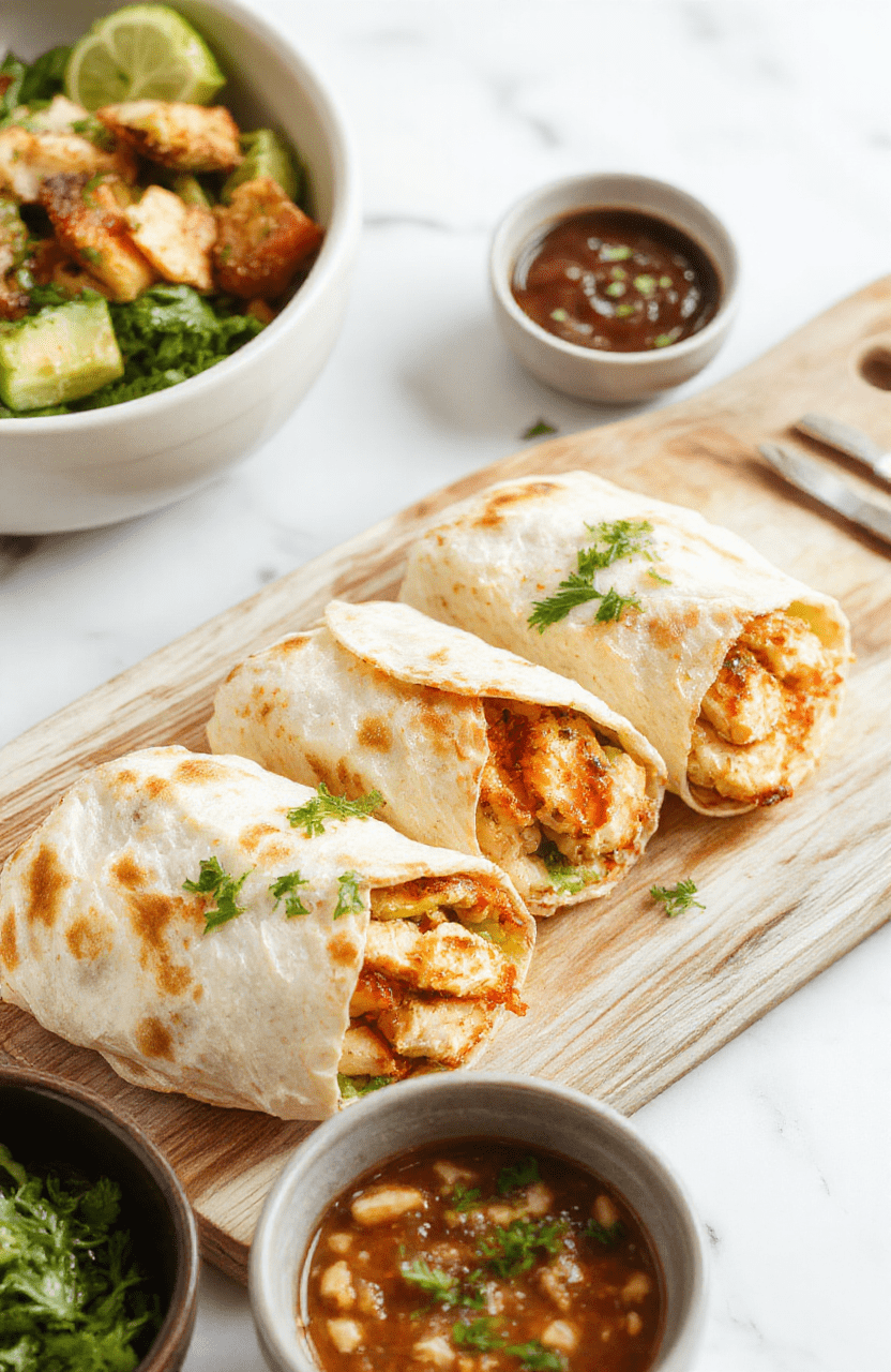 Golden-brown air fried chicken tucked into a warm tortilla with crisp lettuce, diced tomatoes, and shredded cheddar, drizzled with a tangy yogurt sauce. Plated on a light wooden board with lemon wedges and a simple greens side, the wraps look glossy, fresh, and inviting with a satisfying crispy texture.