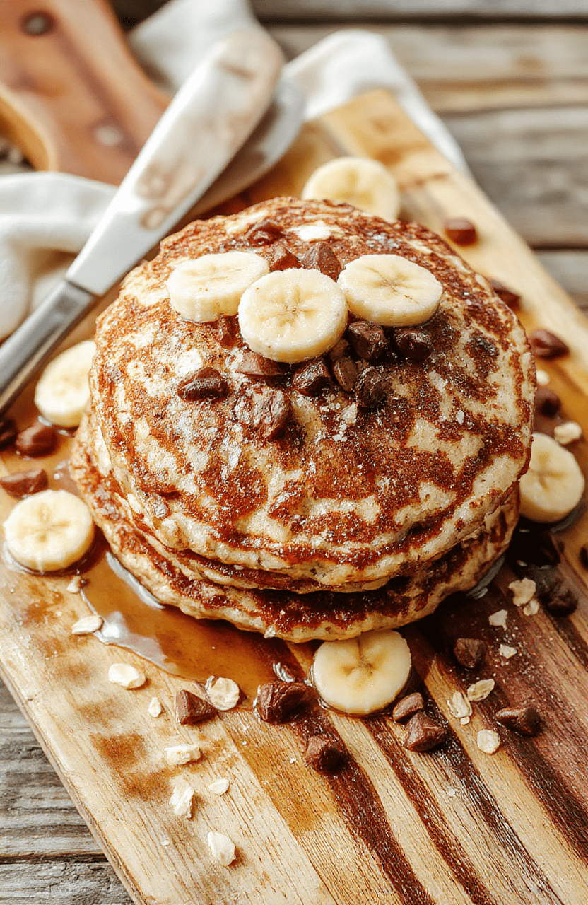 Stack of fluffy banana oatmeal pancakes on a white plate with golden edges, banana slices and berries on the side, oats visible in the batter, light maple drizzle, warm natural lighting, rustic wooden table, inviting and wholesome.